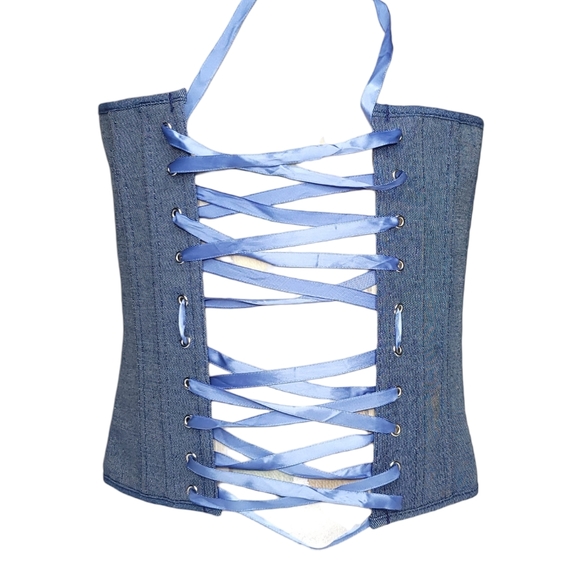 *** SOLD *** Corset in Dark Blue w Boning and Satin Lace-up Back XS - M - Picture 3 of 13